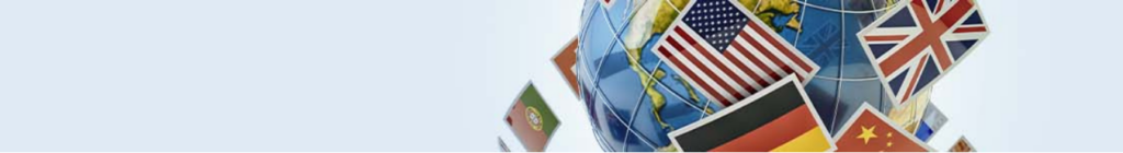 Banner image of a globe with international flags around it, on a light blue background.