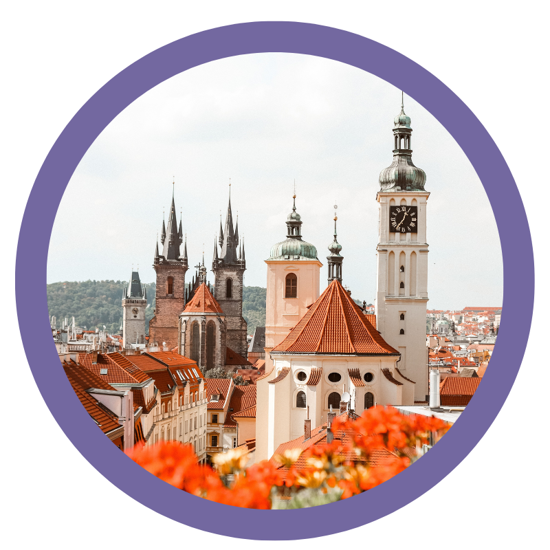 Open access in SSH. A viewpoint from the Czech Republic. Circular image depicts the rooftops of the city of Prague, Czech Republic. Image has a pale purple border outline. 